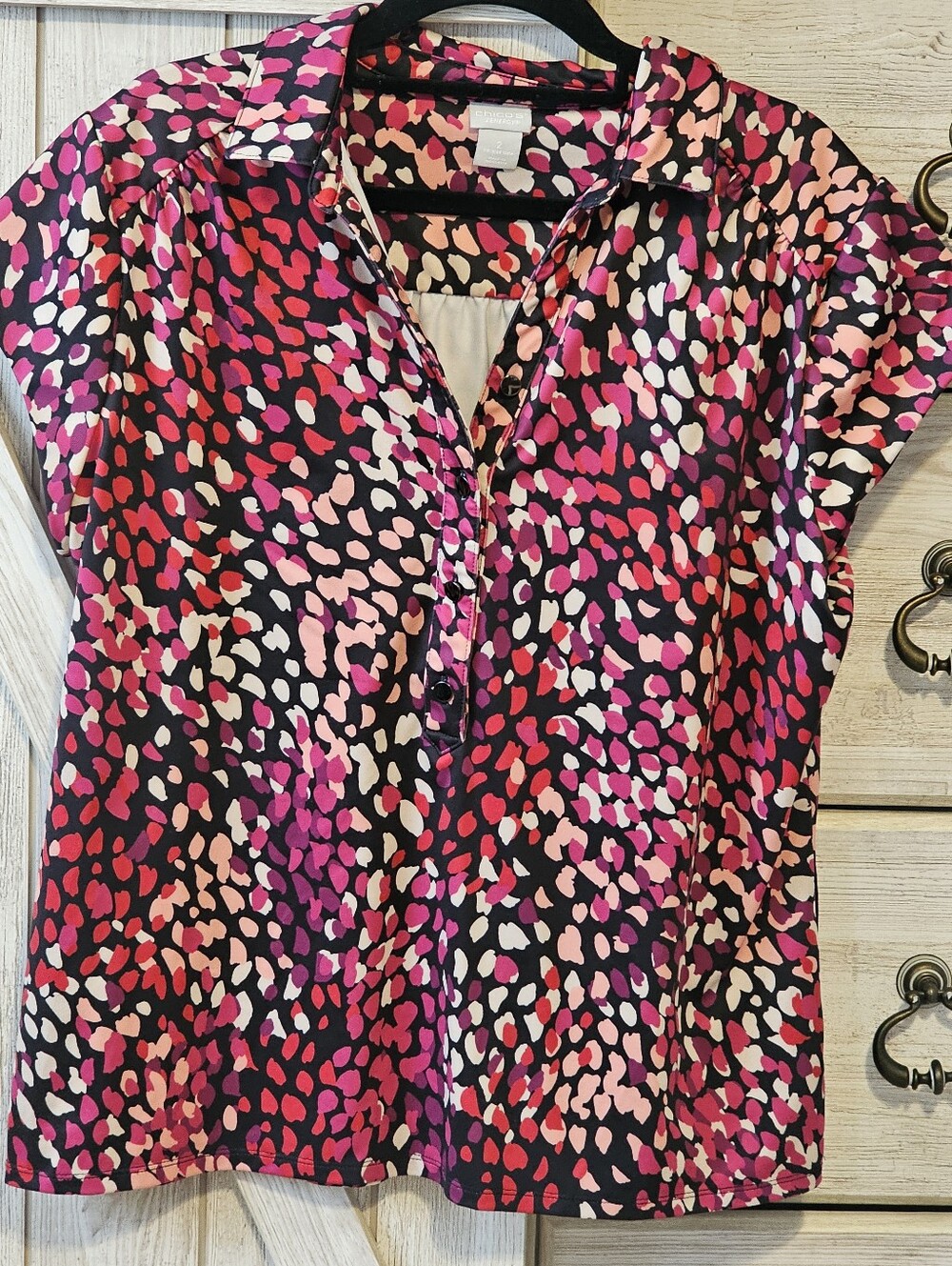 CHICO Women’s Pink Multi Print Short Sleeve Blouse SZ 2